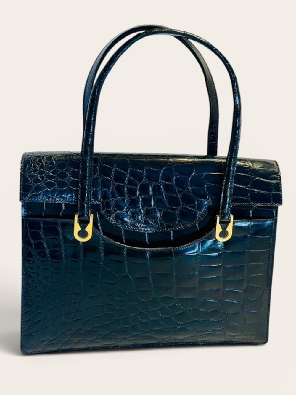Vintage Black Croc Embossed Genuine Leather Structured Satchel Bag Gold Hardware